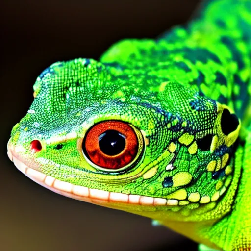 Prompt: close - up portrait of a beautiful green gecko with glowing intricate scales, very beautiful, award winning photography, 4 k