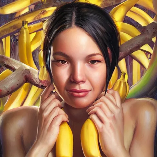 Image similar to portrait of a banana woman ( 3 5 ) from banana palm in 2 0 2 1, an oil painting by ross tran and thomas kincade