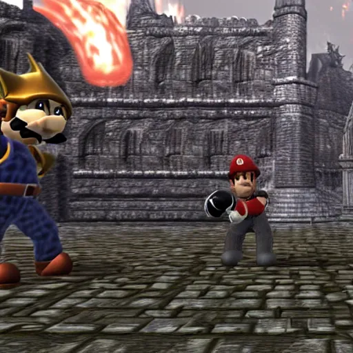 Image similar to gameplay screenshot of the game dark souls in the style of super mario 6 4, a dark souls final boss battle in anor londo in the style of super mario 6 4
