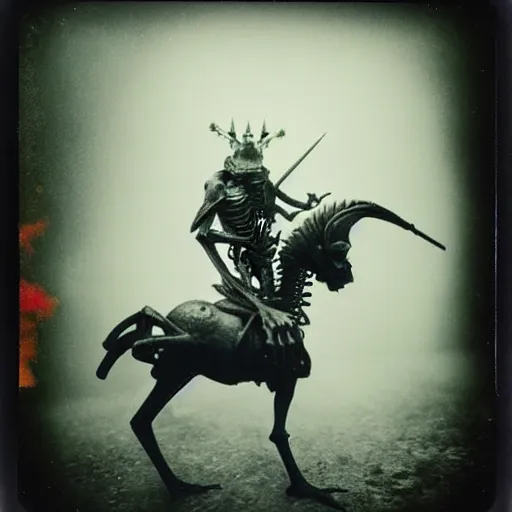 Image similar to frog horseman riding a translucent unicorn skeleton in a thick fog, polaroid photography in style of andrey tarkovski, ominous, mystical, sublime