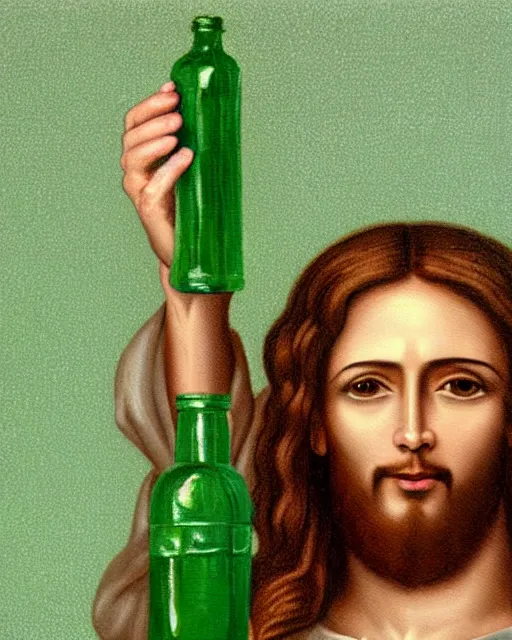 Image similar to detailed painting of jesus christ holding up a green bottle