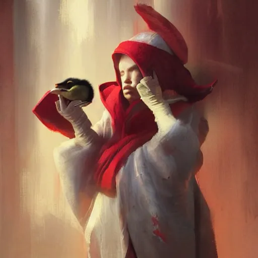 Prompt: cute duck, wearing cultist red robe, doing witchcraft, expressive oil painting, by yoshitaka amano, by greg rutkowski, by jeremy lipkinng, by artgerm, gitital art, octane render