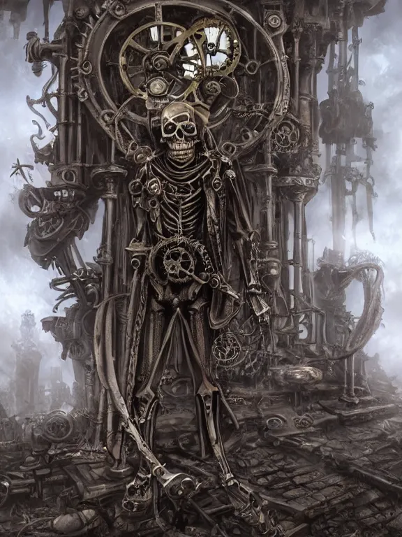 Prompt: steampunk skeleton, undead, cranks, imperfections, high fantasy, chiaroscuro, graveyard background, smooth, sharp focus, highly detailed, digital illustration, by rossdraws, ralph horsley