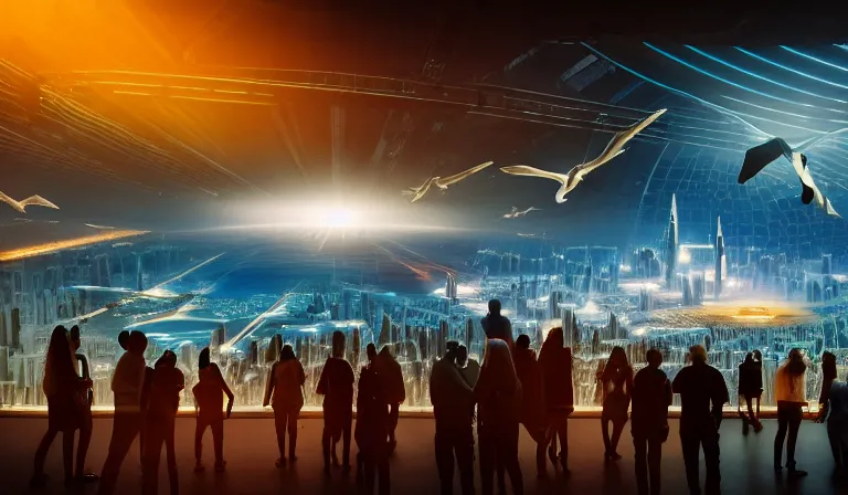 Image similar to crowd of people in large open museum, looking at hologram of futuristic city on a table, cinematic concept art, godrays, golden hour, natural sunlight, 4 k, clear details, tabletop model buildings, center model buildings, hologram center, crane shot, crane shot, crane shot