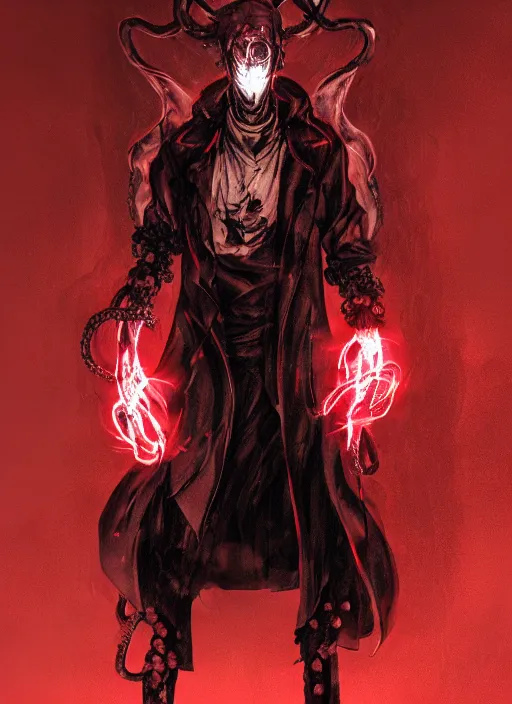 Image similar to half body portrait of an evil deity, a squid man in black mask and black rugged long trench coat made of smoke, red aura, tentacles. in style of yoji shinkawa and hyung - tae kim, trending on artstation, dark fantasy, great composition, concept art, highly detailed, dynamic pose.