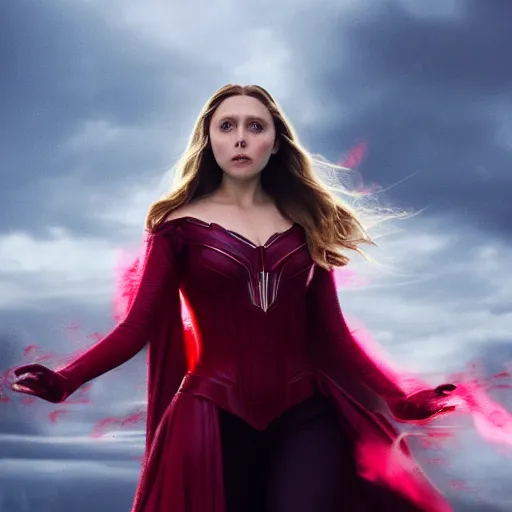 KREA - elizabeth olsen as the scarlet witch afloat in the air with red  eyes, red magic surrounds her, trending on artstation, 8 k quality,  cgsociety contest winner, artstation hd, artstation hq