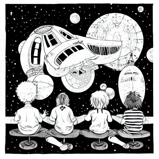 Image similar to five friends sitting and staring up at the alien craftship, mange, studio ghibli style, black and white, detailed