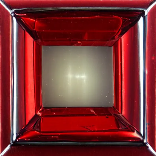 Prompt: chrome spheres on a red cube, daguerreotype