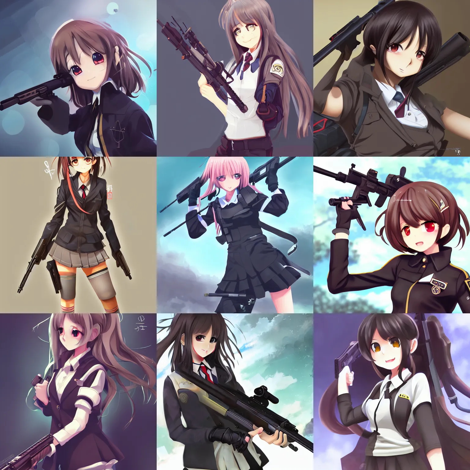 Image similar to anime, full body, cute, female, a cute girl wearing a school uniform and holding a sniper rifle, gorgeous lighting, highly detailed, digital painting, art station, sharp focus, high quality, frontal view, illustration, concept art, advanced digital anime art