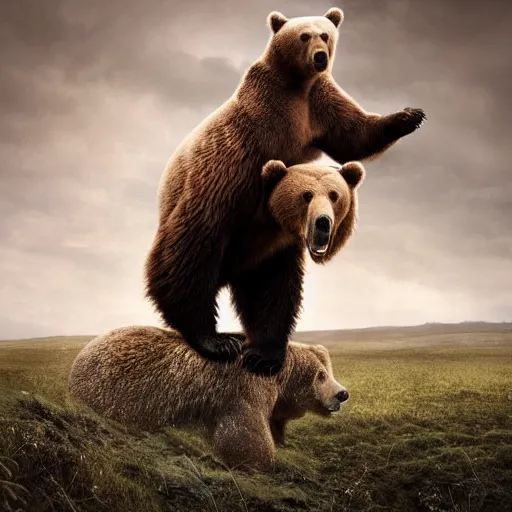 Image similar to a man riding on the back of a brown bear, an album cover by frieke janssens, shutterstock contest winner, american romanticism, majestic, epic, ilya kuvshinov