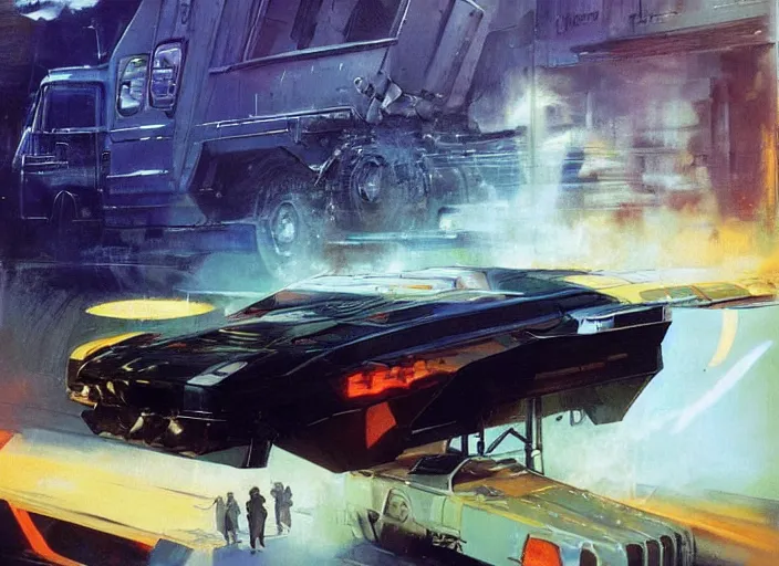 Prompt: ( ( ( ( ( garbage truck, car concept art, sci - fi illustration, painting ) ) ) ) ) by vincent di fate and john berkey and knight rider!!!!!!!