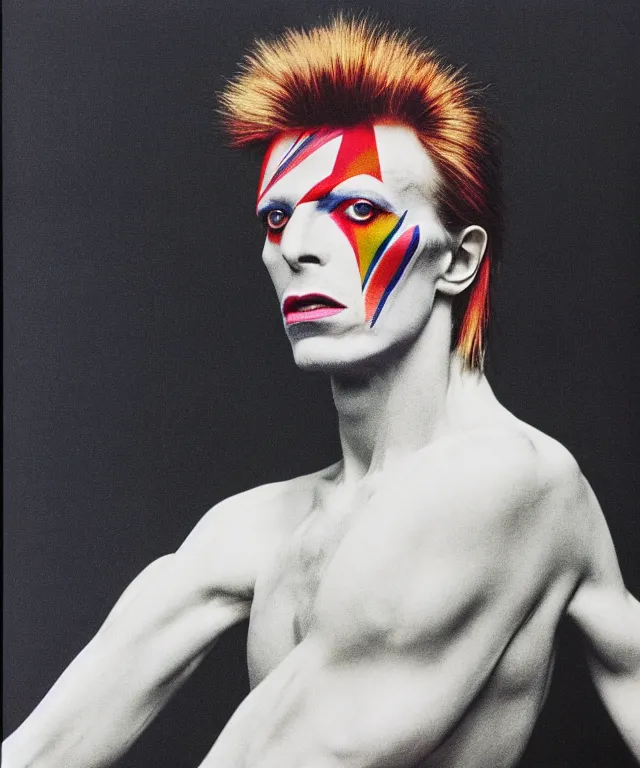 Prompt: a color photograph of david bowie, by robert mapplethorpe, intense, bold, exaggerated, overblown, hyperrealistic, ultra sharp, extra details, ultra high quality, trending on pinteresst