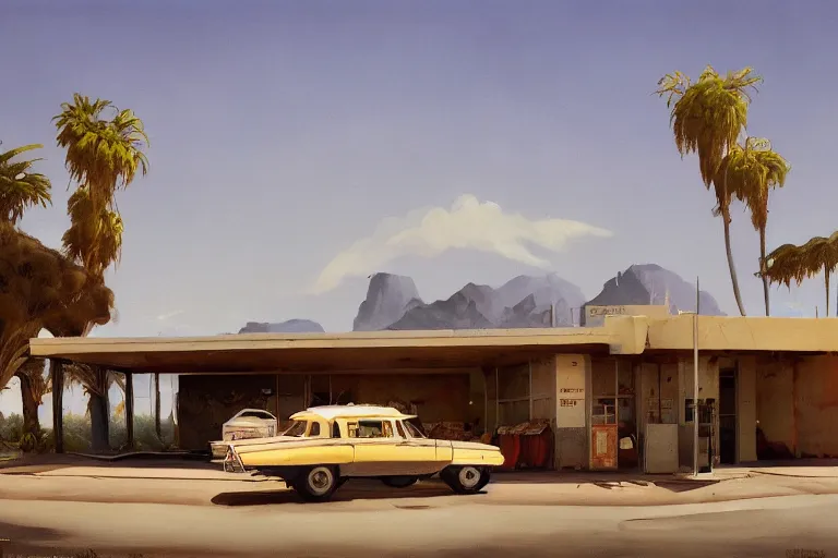 Prompt: natural american landscape | abandoned gas station | palm trees | snowy mountains, painting by syd mead and weta studio and james jean, frank frazetta, highly detailed, rule of third, soft lighting, 8 k resolution, oil on canvas, architectural magazine, beautiful detailed, insanely intricate details, artstation trending, hypermaximalistic, high details, cinematic