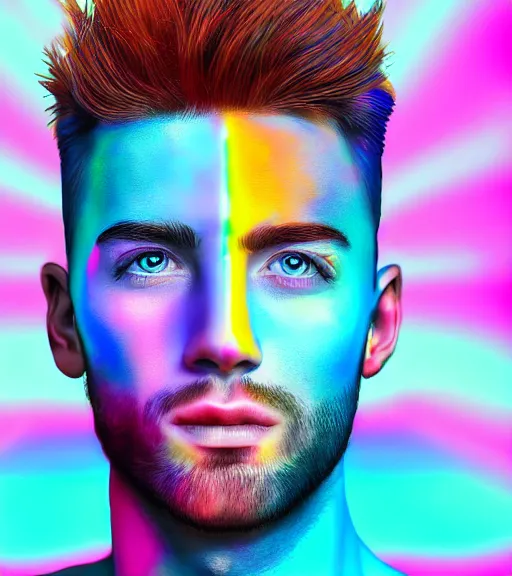 Prompt: photo realistic digital art of the most handsome young man in the world, he is seductive, beautiful and has multicoloured eyes that shine. very colourful background