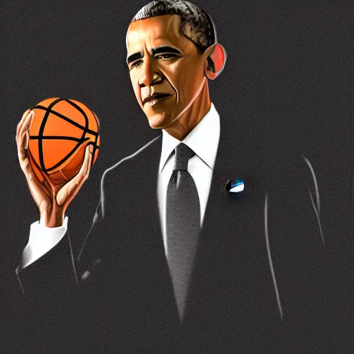 Prompt: Obama holding a basketball in his right hand in a black background, detail, 8k, digital painting, official media, illustration