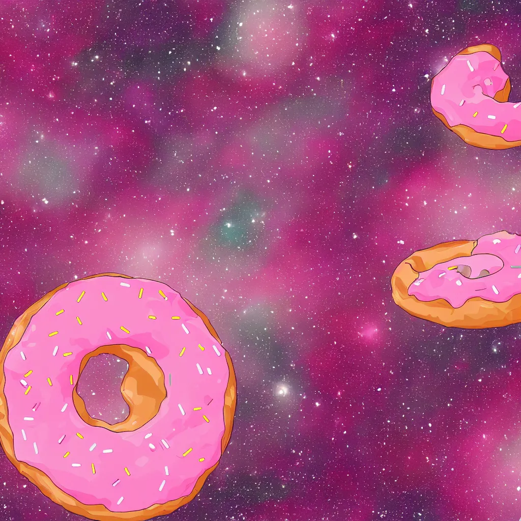 Prompt: Big donut with pink glaze floating in outer space, digital art,