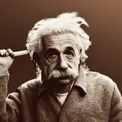 Prompt: hipster albert einstein smoking a blunt, wide shot, dramatic lighting, octane render, hyperrealistic, high quality, HD, cinematic