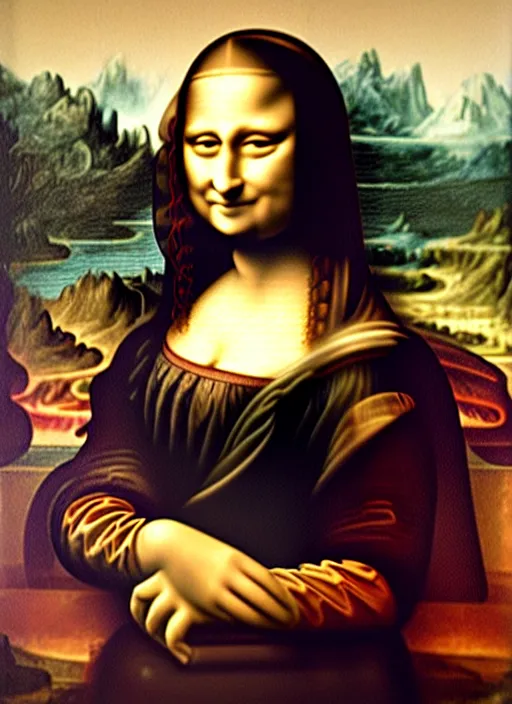 Image similar to oil painting of Mona Lisa holding up an iPhone to take a selfie by Leonardo Da Vinci