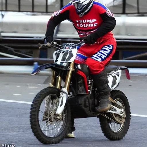 Image similar to trump riding motocross bike without wearing a helmet in new york doing a wheelie