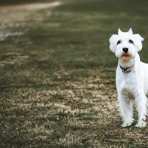 Image similar to photo of a white schnauzer dog with two open wings on his back, 5 5 mm photo