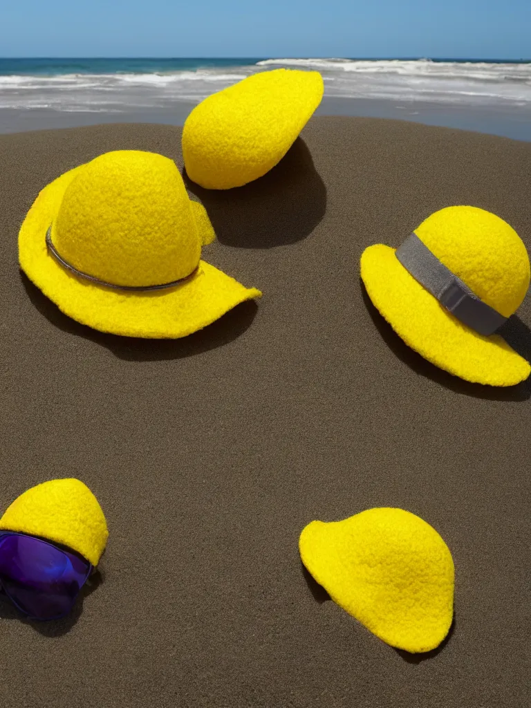 Prompt: an add campain for a yellow freezbee in the shape of a hat, taking place on the beach, closeup shot with depth of field, high quality promotional picture