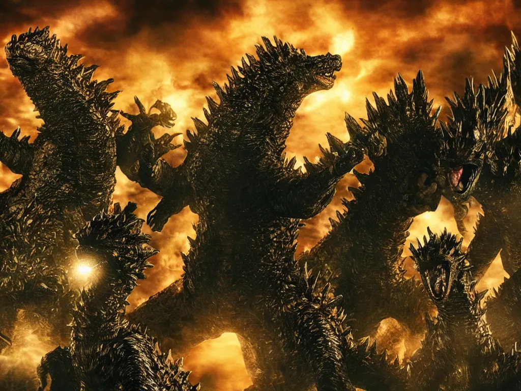 Image similar to Heisei era Godzilla fighting King Ghidorah
