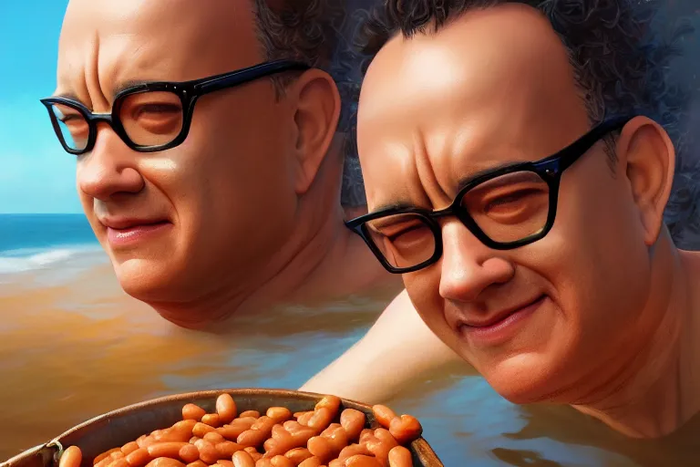 Image similar to portrait of tom hanks swimming in baked beans, an ocean filled of baked beans, charlie bowater, artgerm, ilya kuvshinov, krenz cushart, ruan jia, realism, ultra detailed, 8 k resolution