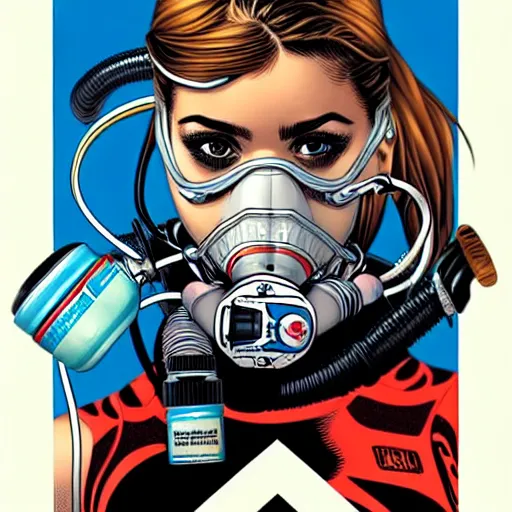 Prompt: portrait of a female diver with a oxygen mask intricate details mask by MARVEL comics and Sandra Chevrier