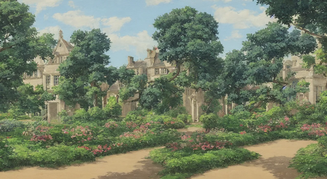 Image similar to a landscape painting of a French manor, with a garden, in the style of anime