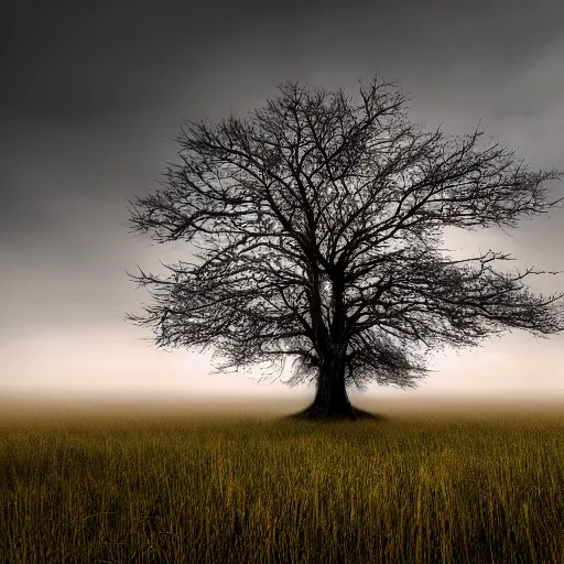 Prompt: hyper detailed dramatic photograph of a backlit tall lone oak tree in a misty grass field surrounding by a large mountain range, 3 2 0 0 k color temp, volumetric lighting, volumetric shadows, hdr, 8 k, wallpaper, 1 3 mm nikor lens