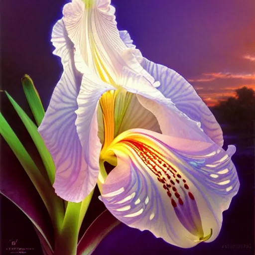 Image similar to detailed giant white holographic orchid iris hybrid flower, lsd water, lsd ripples, droplets, backlit, sunset, refracted lighting, art by collier, albert aublet, krenz cushart, artem demura, alphonse mucha