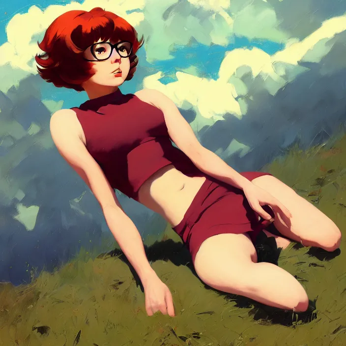 Image similar to Painting of Velma Dinkley in the style of Cowboy Bebop, countryside, calm, fantasy character portrait, dynamic pose, above view, sunny day, thunder clouds in the sky, artwork by Jeremy Lipkin and Giuseppe Dangelico Pino and Michael Garmash and Rob Rey and Greg Manchess and Huang Guangjian and Makoto Shinkai, very coherent asymmetrical artwork, sharp edges, perfect face, simple form, 100mm