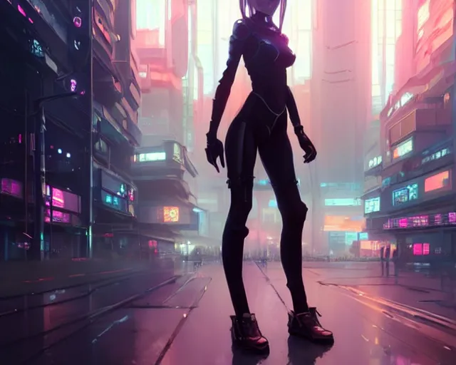 Image similar to Beautiful full body portrait of beautiful cyberpunk woman by Greg Rutkowski and Krenz Cushart and Pan_Ren_Wei and Hongkun_st and Bo Chen and Enze Fu and WLOP and Alex Chow, Madhouse Inc., anime style, crepuscular rays, set in rainy futuristic cyberpunk Tokyo street, dapped light, dark fantasy, feminine figure, smooth skin, gorgeous, pretty face, beautiful fashion model body, high detail, hyper realistic, cgsociety, trending on artstation