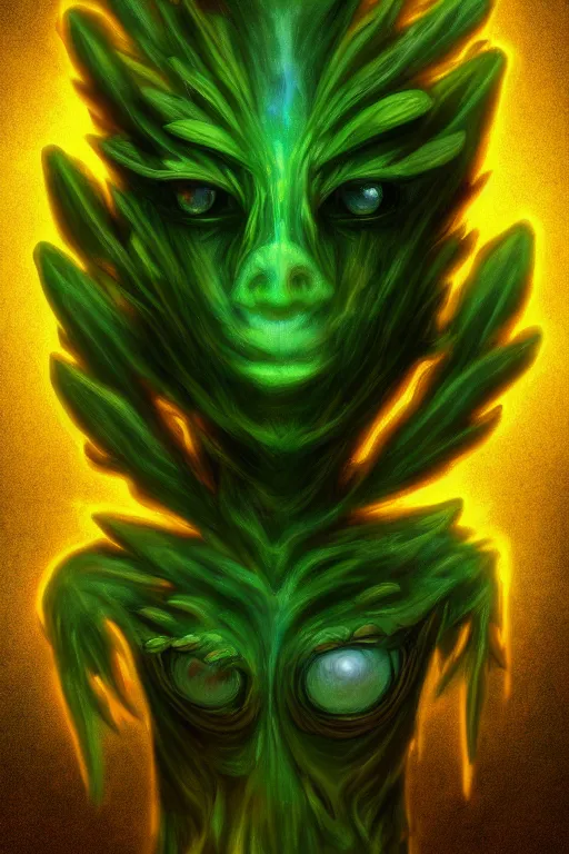 Prompt: a glowing humanoid figure plant monster with large eyes, highly detailed, digital art, sharp focus, trending on art station, plant, anime art style