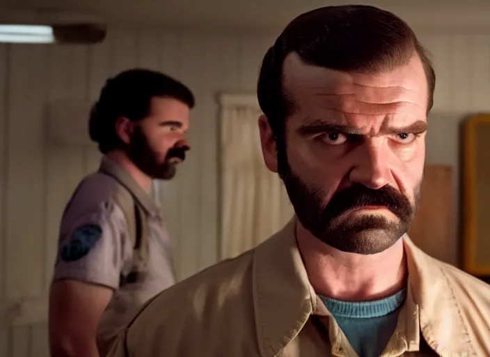 Prompt: film still of jim hopper as nancy wheeler in stranger things, 8 k