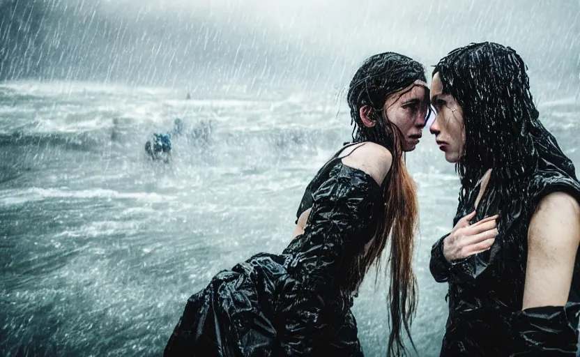 Image similar to cinestill 5 0 d candid photographic portrait by christopher nolan of two loving female androids wearing rugged black mesh techwear in treacherous waters, extreme closeup, modern cyberpunk moody emotional cinematic, pouring rain, 8 k, hd, high resolution, 3 5 mm, f / 3 2, ultra realistic faces, ex machina