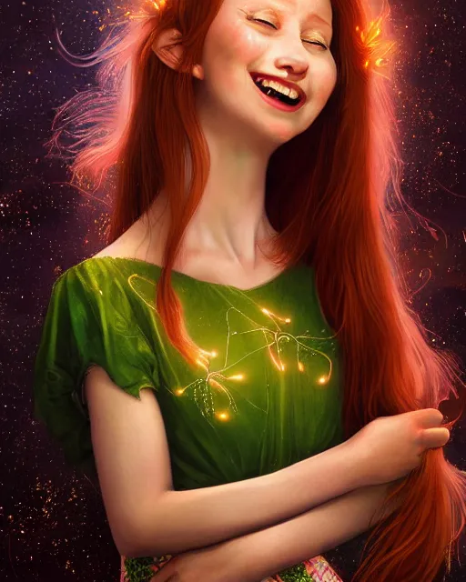 Prompt: a happy young woman looking over shoulder, intricate detailed dress, sitting among the lights of golden fireflies and nature, long loose red hair, bright green eyes, small nose with freckles, triangle shape face, smiling, dreamy scene, golden ratio, high contrast, hyper realistic digital art by caravaggio and artgerm.