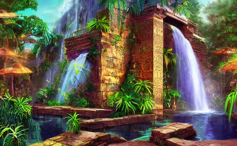 Image similar to ancient egypt structure with plants and waterfalls, epic retrowave art, trending on art station