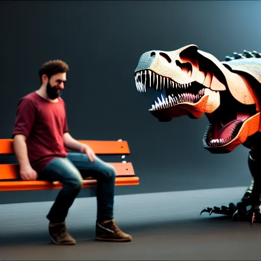 Prompt: a man sitting on a bench having fun controlling a t - rex mecha costume, photorealistic 3 d octane render, unreal engine