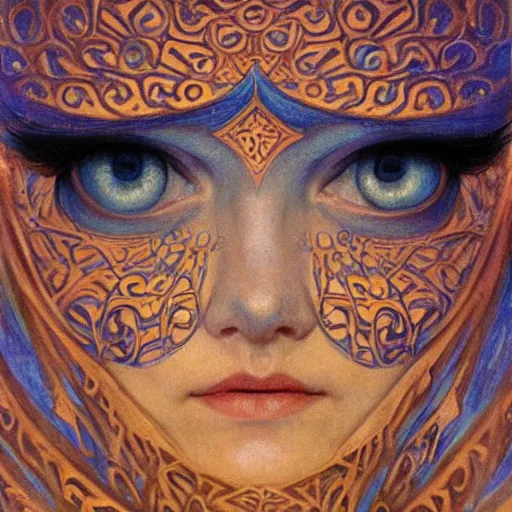 Image similar to Extreamly beautiful Eyes, Hypnotic Eyes, Emotional Eyes, by Annie Swynnerton and Nicholas Roerich and jean delville, glowing paper lanterns, strong dramatic cinematic lighting , ornate tiled architecture, lost civilizations, smooth, sharp focus, extremely detailed