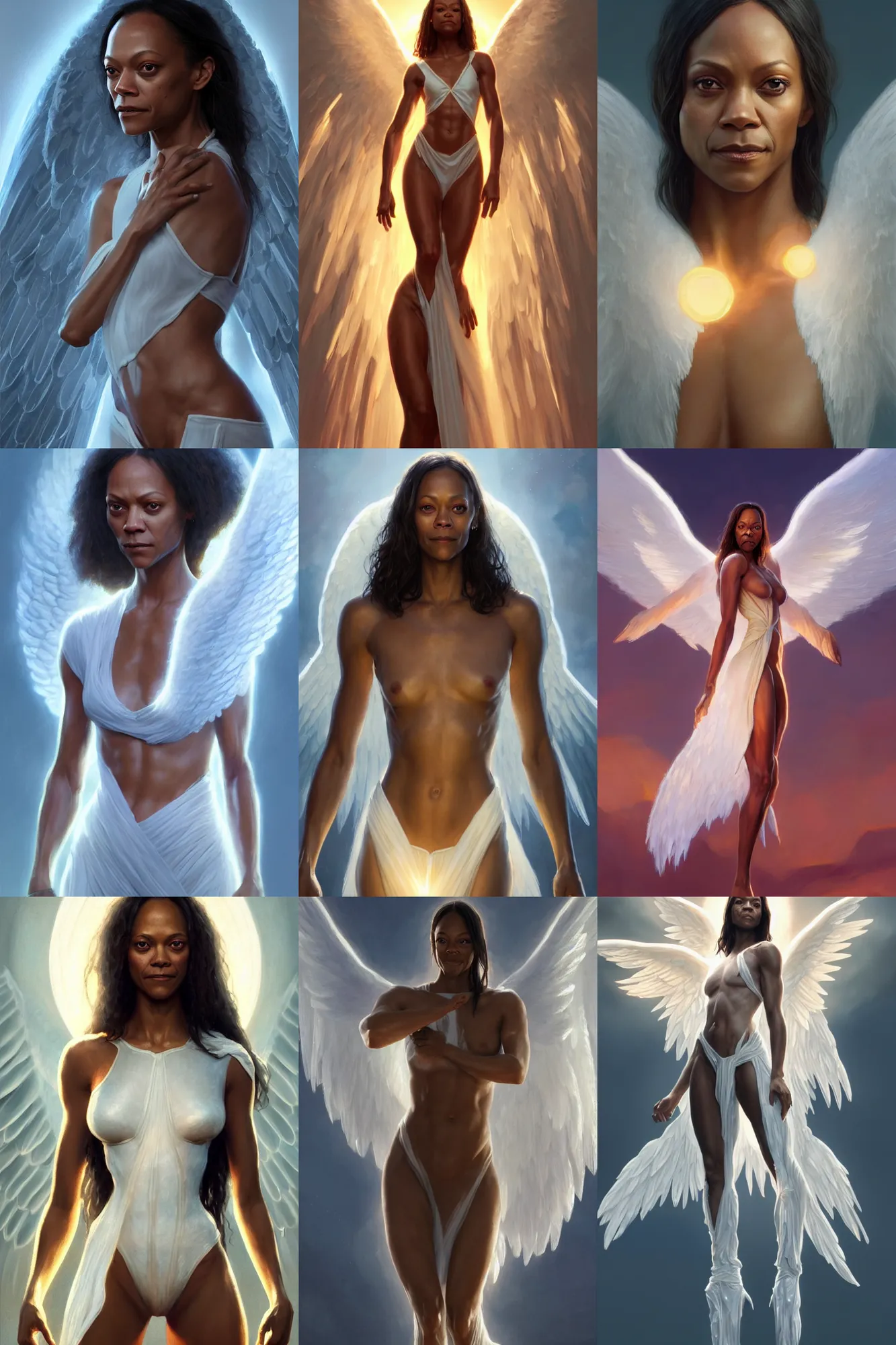 Prompt: zoe saldana as a heavenly angel, anatomy, bathed in light, highly detailed, photorealistic, artstation, smooth, sharp focus, illustration, disrobed, unreal engine 5, 8 k, art by artgerm and greg rutkowski and edgar maxence