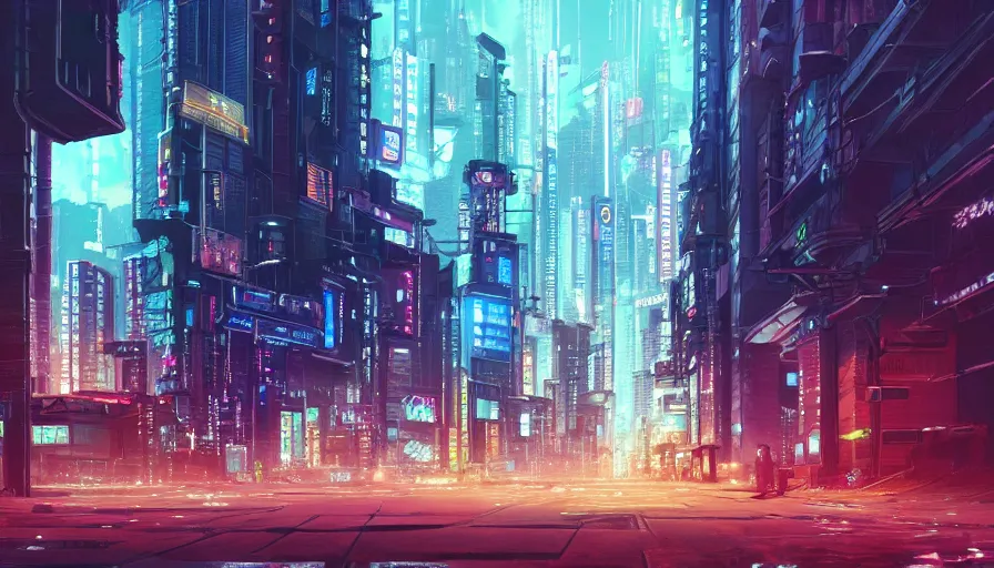 Image similar to A beautiful picture of an establishing shot of a cyberpunk neo tokyo city street by Sergey Vasnev and square pictures , trending on artstation