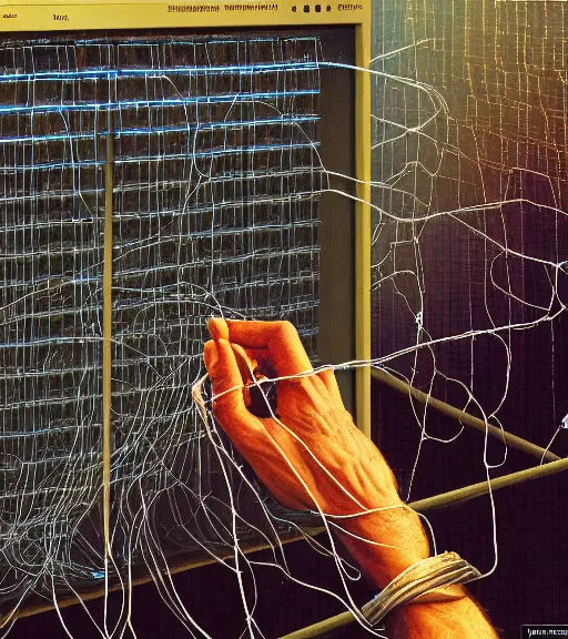 Prompt: photo of a programmer in the web straight wires and connected rectangles at the big monitor, gray gamma, gray wires, mid shot, norman rockwell, tim hildebrandt, viktor safonkin, dariusz zawadzki, bruce pennington, larry elmore, intricate details, hyperrealistic oil painting on canvas, deep depth field