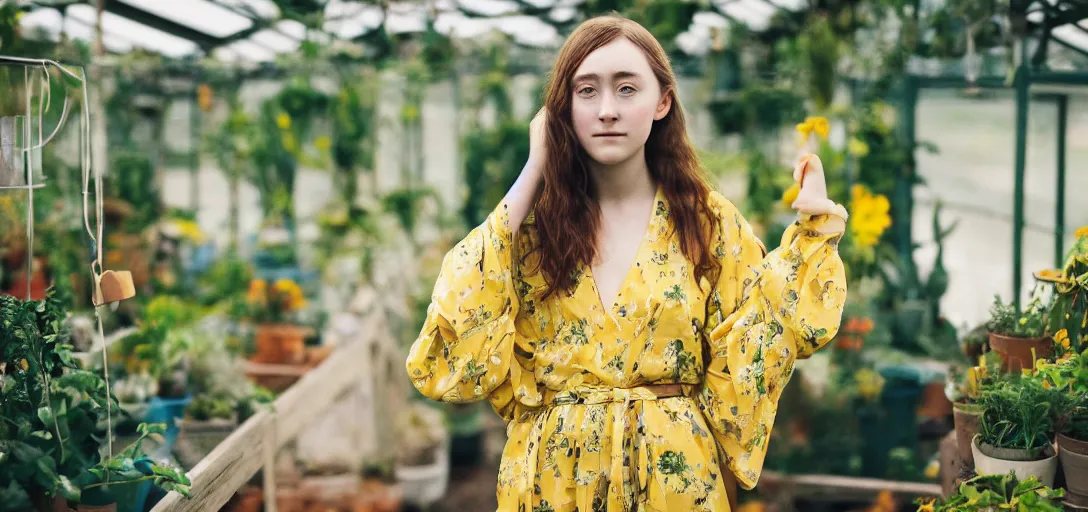 Prompt: A medium format head and shoulders portrait of a young woman that looks like Saoirse Ronan wearing a yellow kimono in a greenhouse, she has a very detailed barn owl on her shoulder, graflex, bokeh