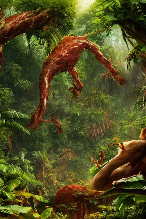 Image similar to a giant meat eating plant in the exotic jungle, landscape, alex ross, giga, david finch, concept art, matte painting, highly detailed, rule of thirds, dynamic lighting, cinematic, detailed, denoised, centerd