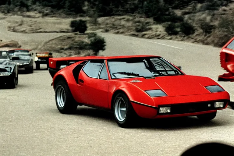 Image similar to De Tomaso Pantera, movie still, speed, cinematic Eastman 5384 film