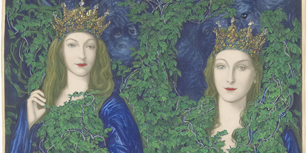 Image similar to portrait of the queen of snakes, pale blue, emerald, sapphire, wearing a crown of vines, moonlit