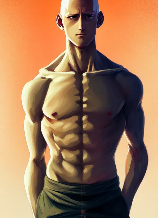 Image similar to handsome saitama, half body shot, path traced, power pucnh, highly detailed, high quality, digital painting, alena aenami, lilia alvarado, shinji aramaki, karol bak, alphonse mucha, tom bagshaw