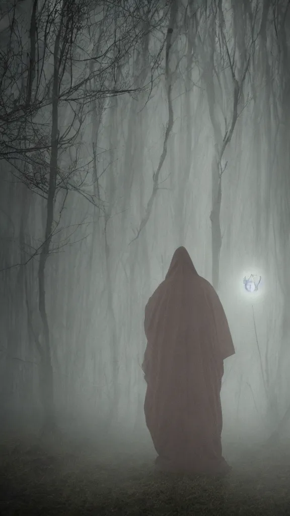 Image similar to photo of a mystical figure in occult robes sneaking through a swamp in the fog, cinematic lighting, highly detailed, horror, epic