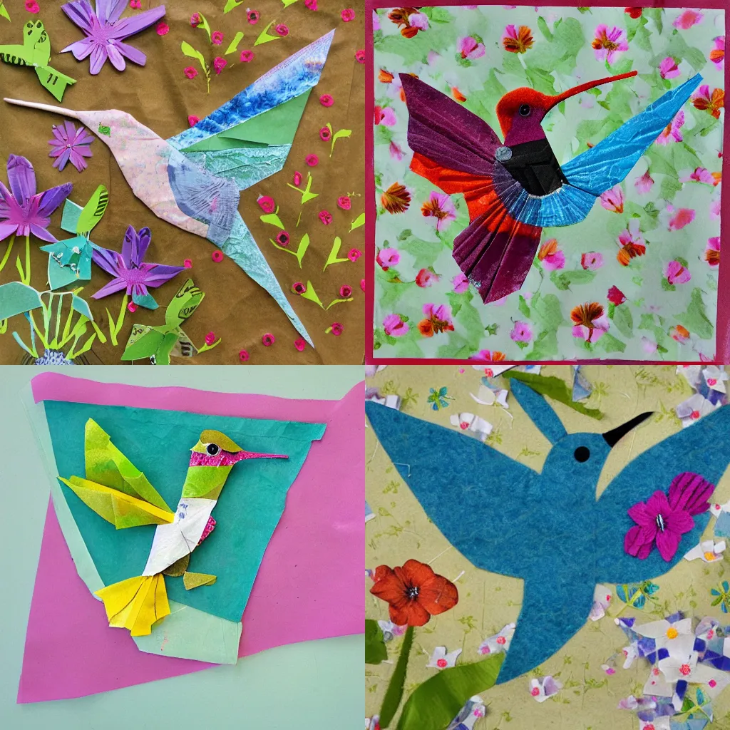 Prompt: Tissue paper hummingbird in a meadow of collaged textiles